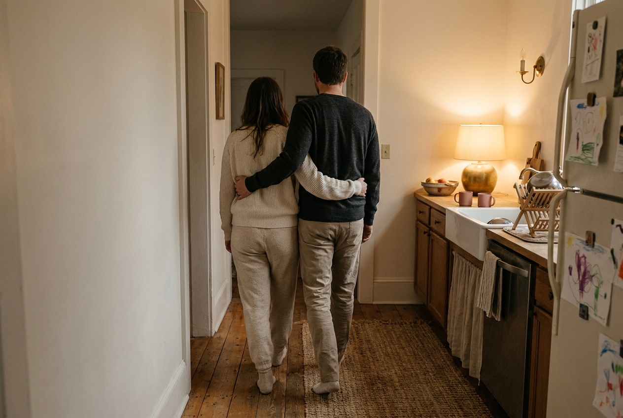 A couple walking toward the kitchen together after putting kids to bed