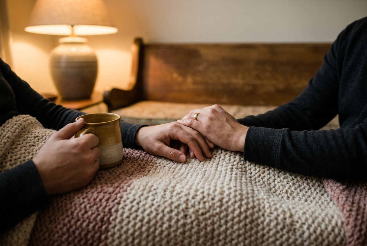 Two hands loosely intertwined on a knitted throw — an intimate detail shot