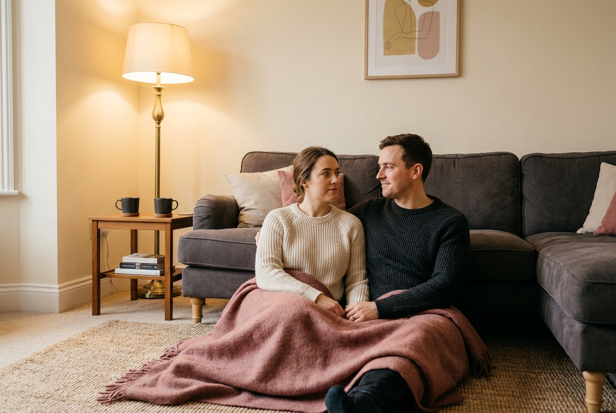 A couple sitting on the floor by their couch, mid-conversation