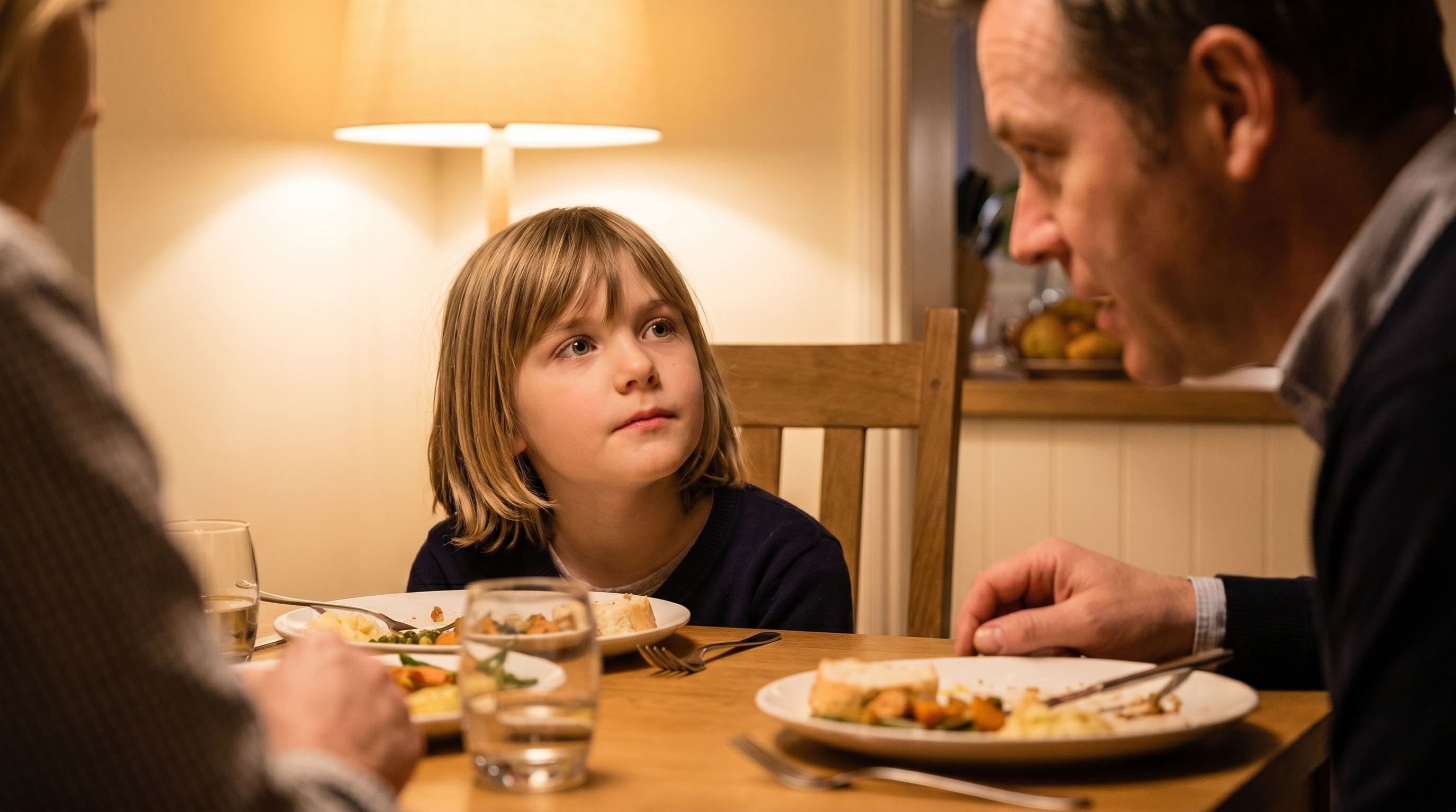 A child at a dinner table, thoughtful, looking up as a parent listens across the table