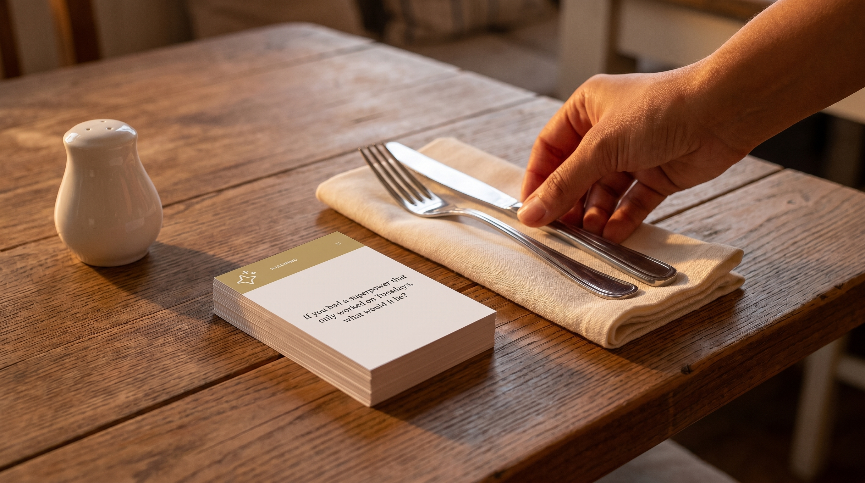 Hands setting a dinner table, warm lamp light, a small stack of cards visible next to the salt shaker