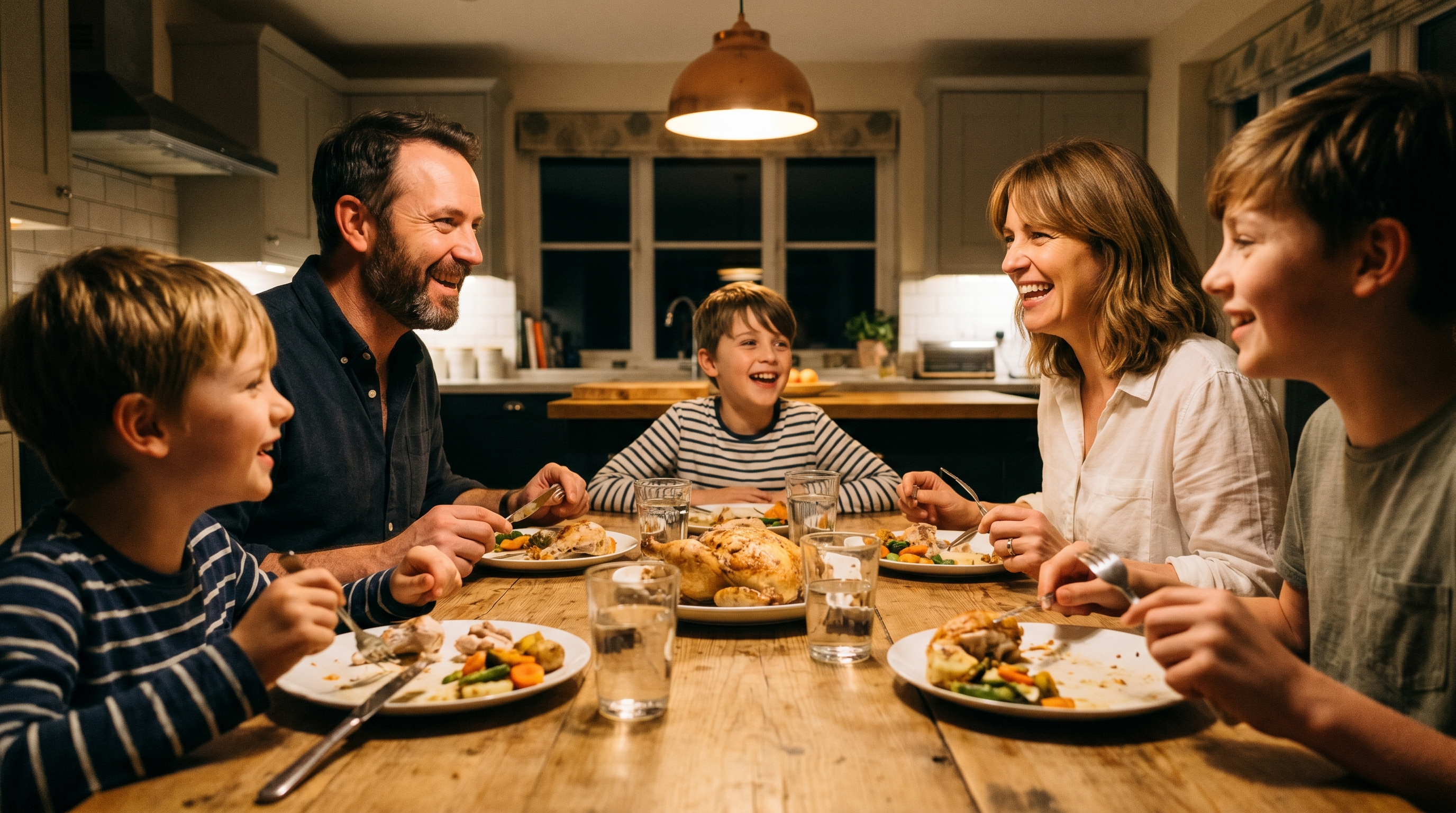 A family of four around a warmly lit dinner table, conversation in progress, plates half-eaten