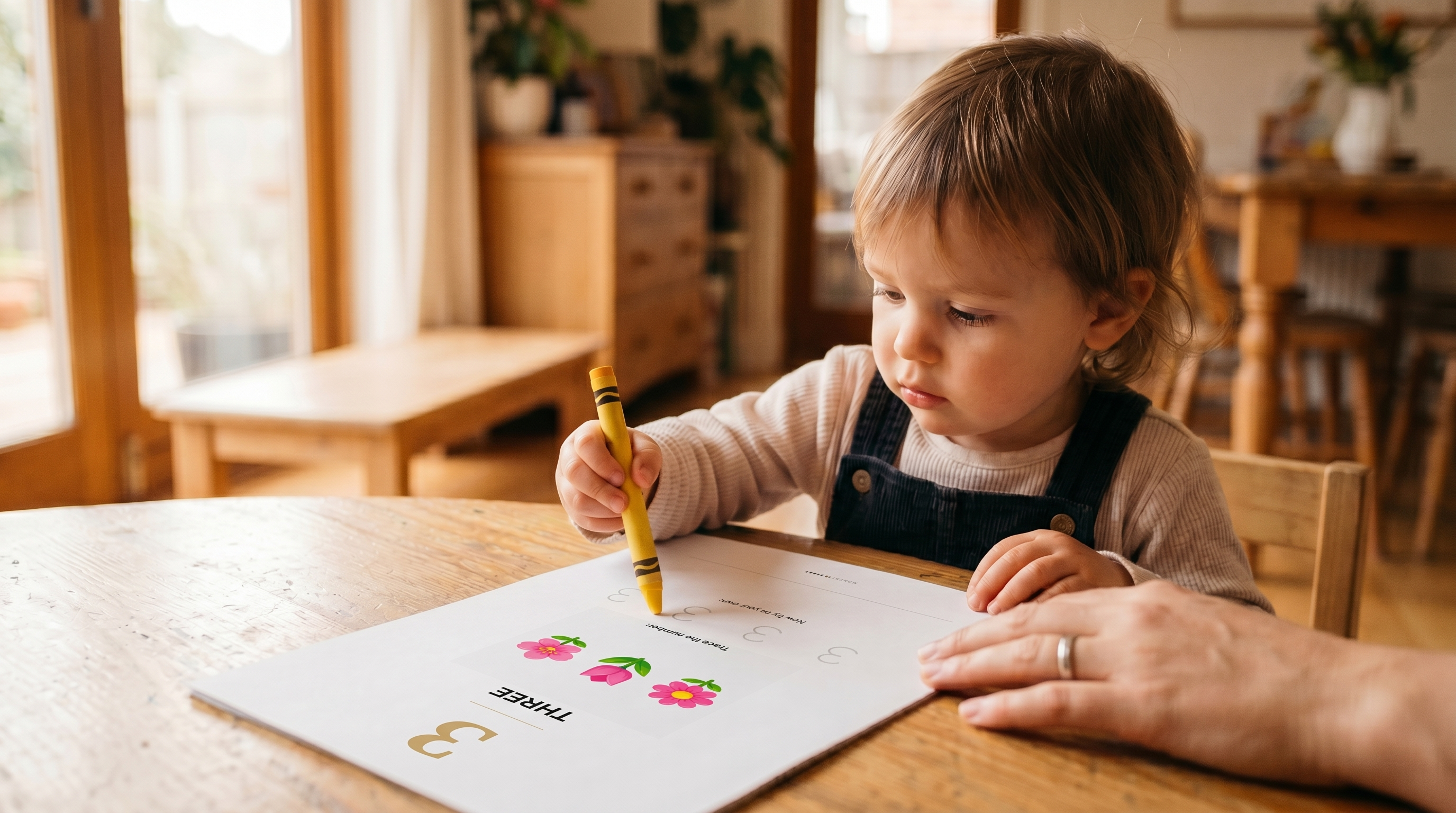 A toddler tracing a large printed number on a worksheet with a thick crayon, a parent's hand nearby