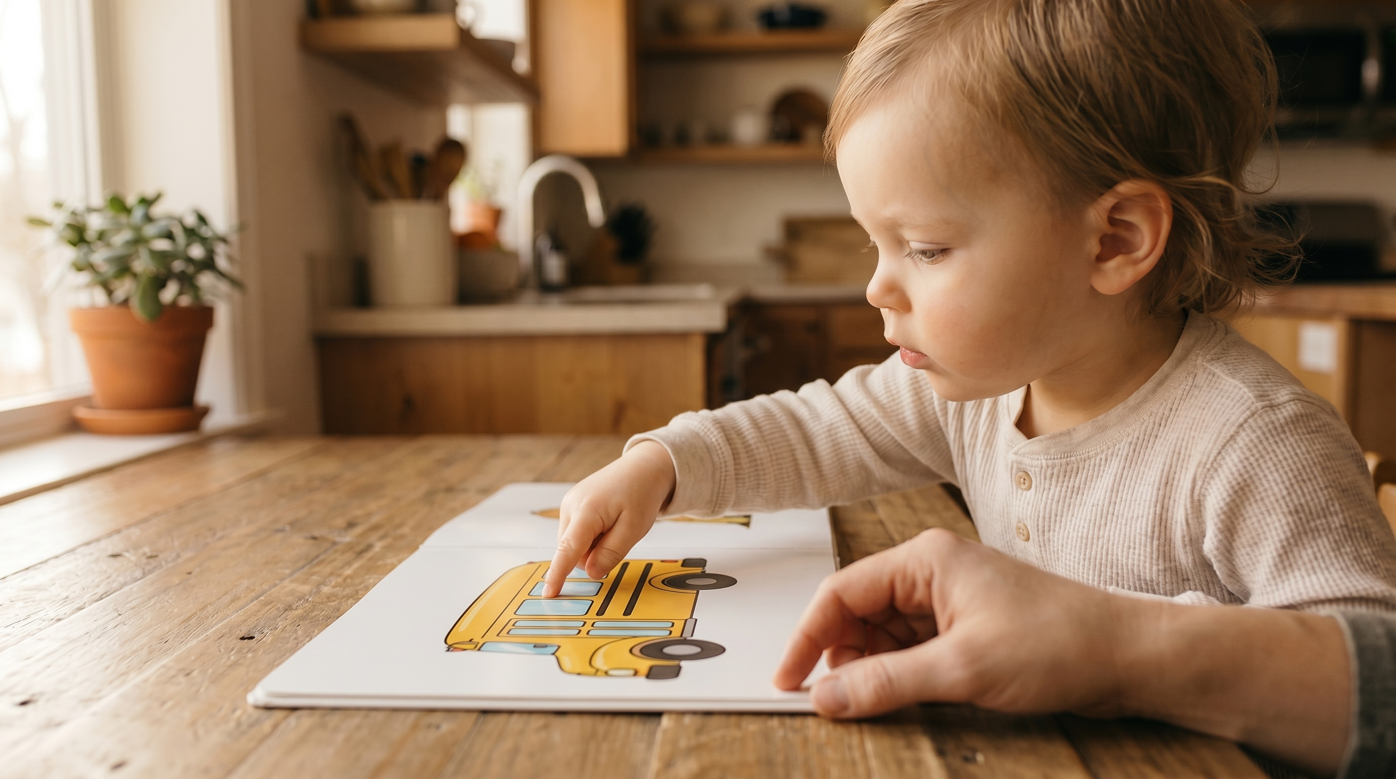 A toddler pointing at a picture-word flashcard on a wooden table in warm natural light