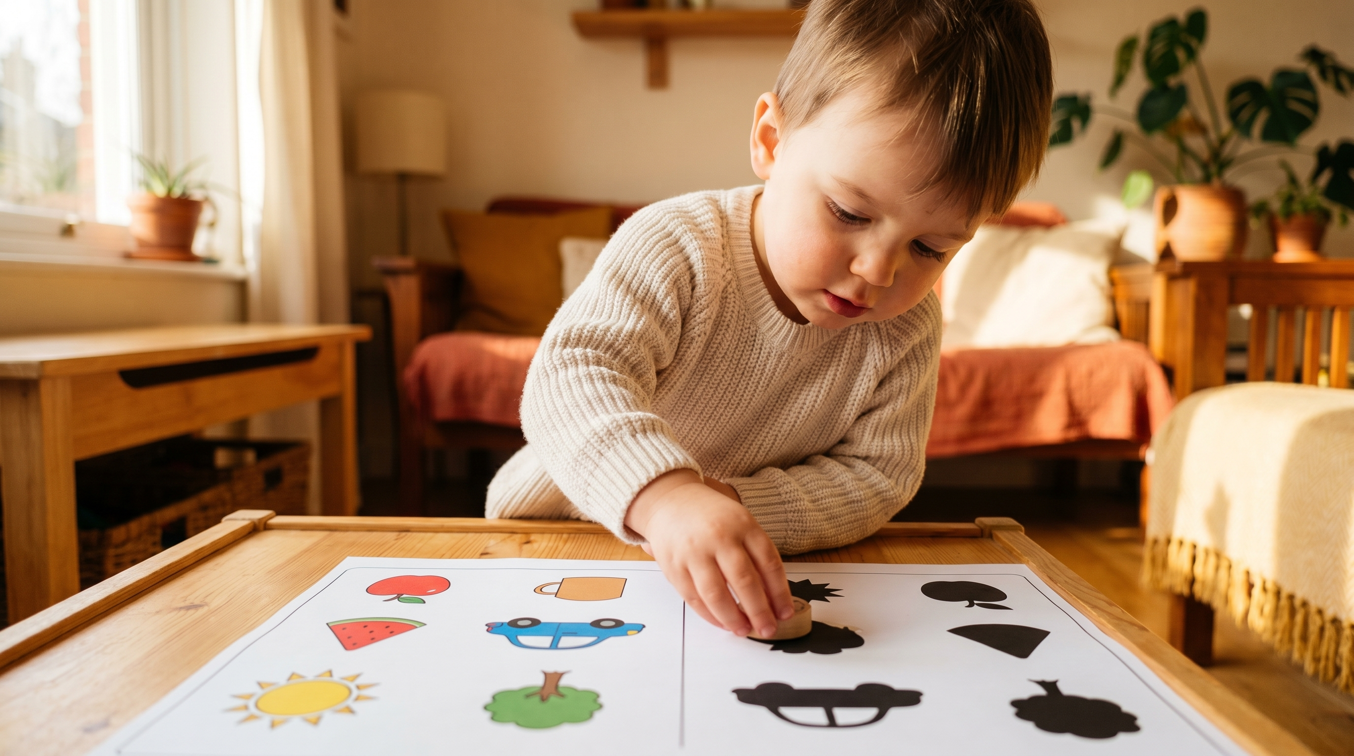 A toddler placing a colourful card next to its black silhouette match on a low wooden table