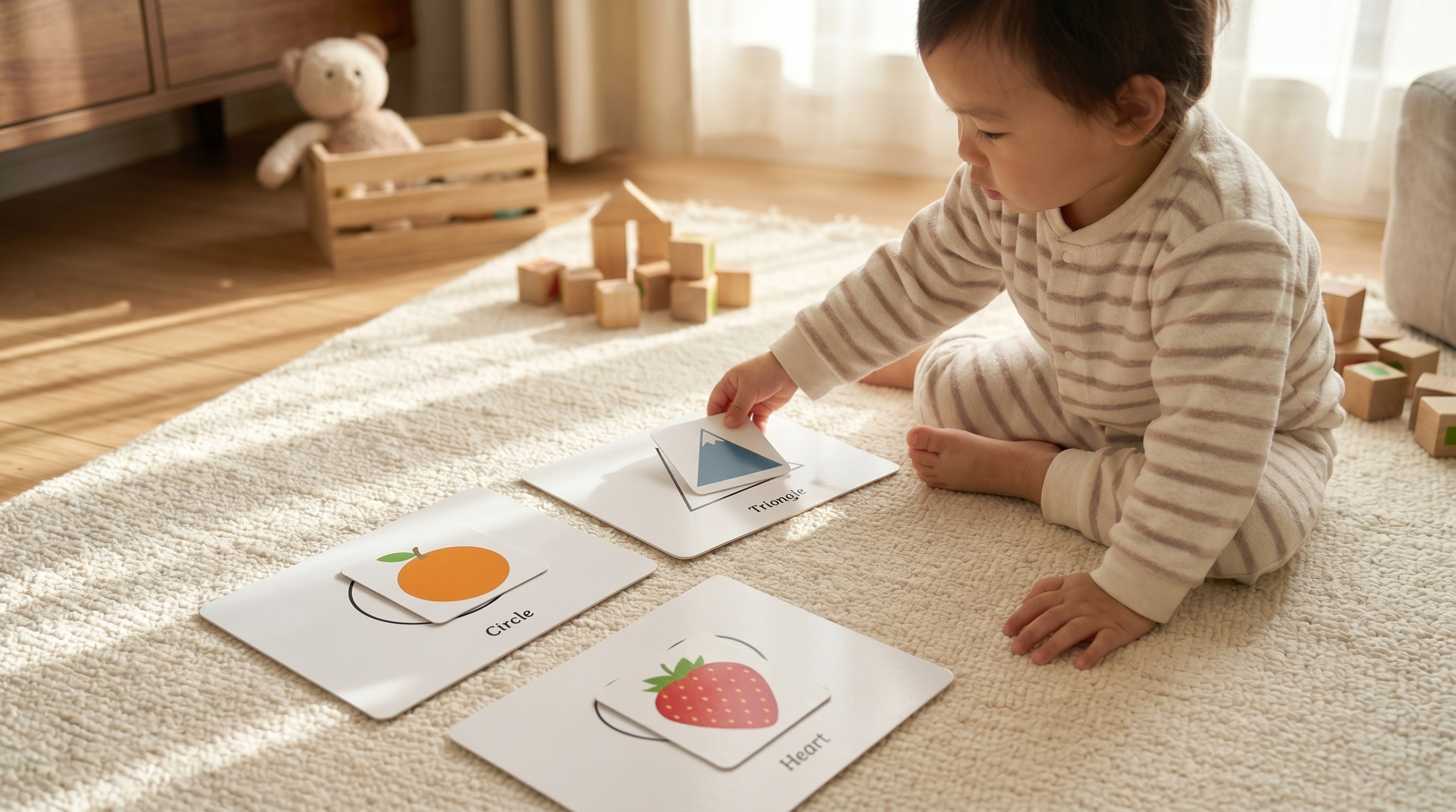 A toddler arranging illustrated shape-sorting cards onto geometric mats on a low wooden table