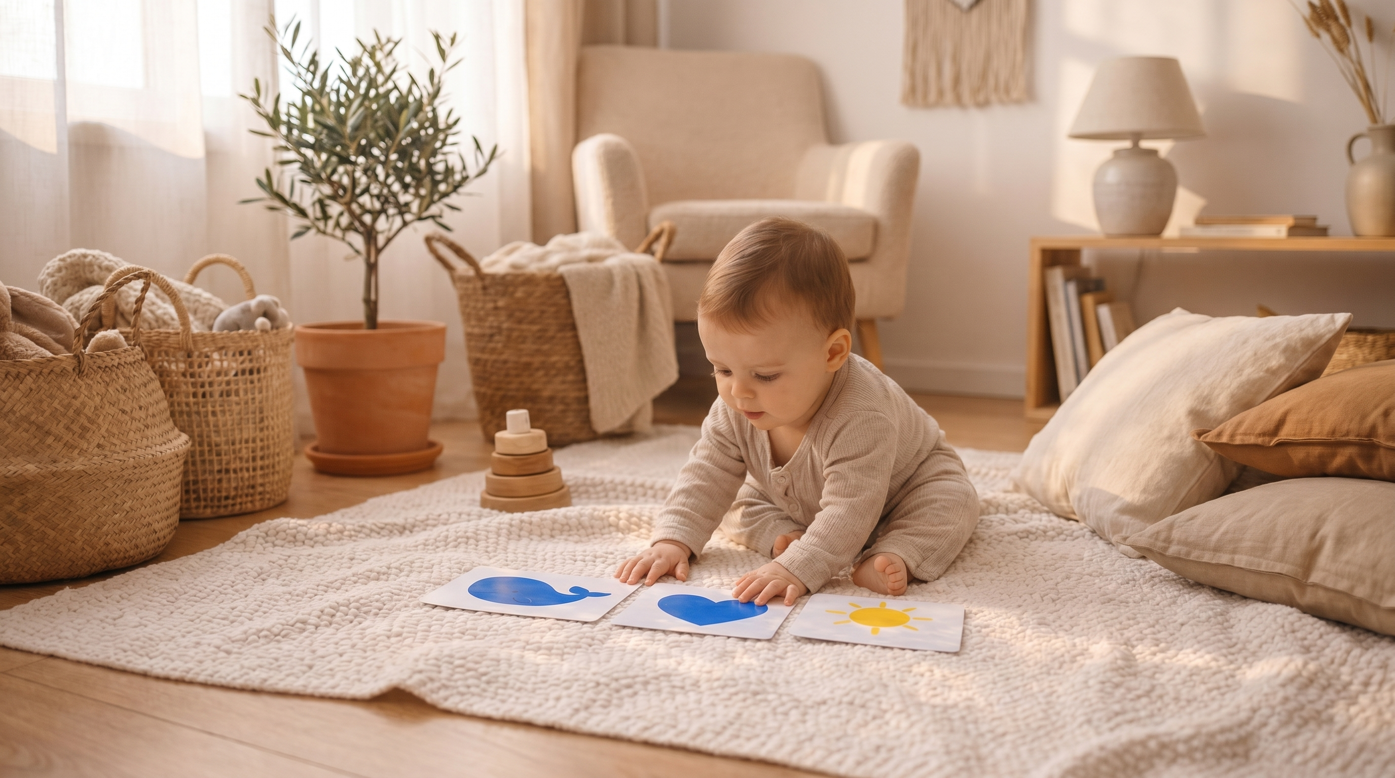 A parent showing a bold primary-colour card to a 4–6 month old baby reaching toward it