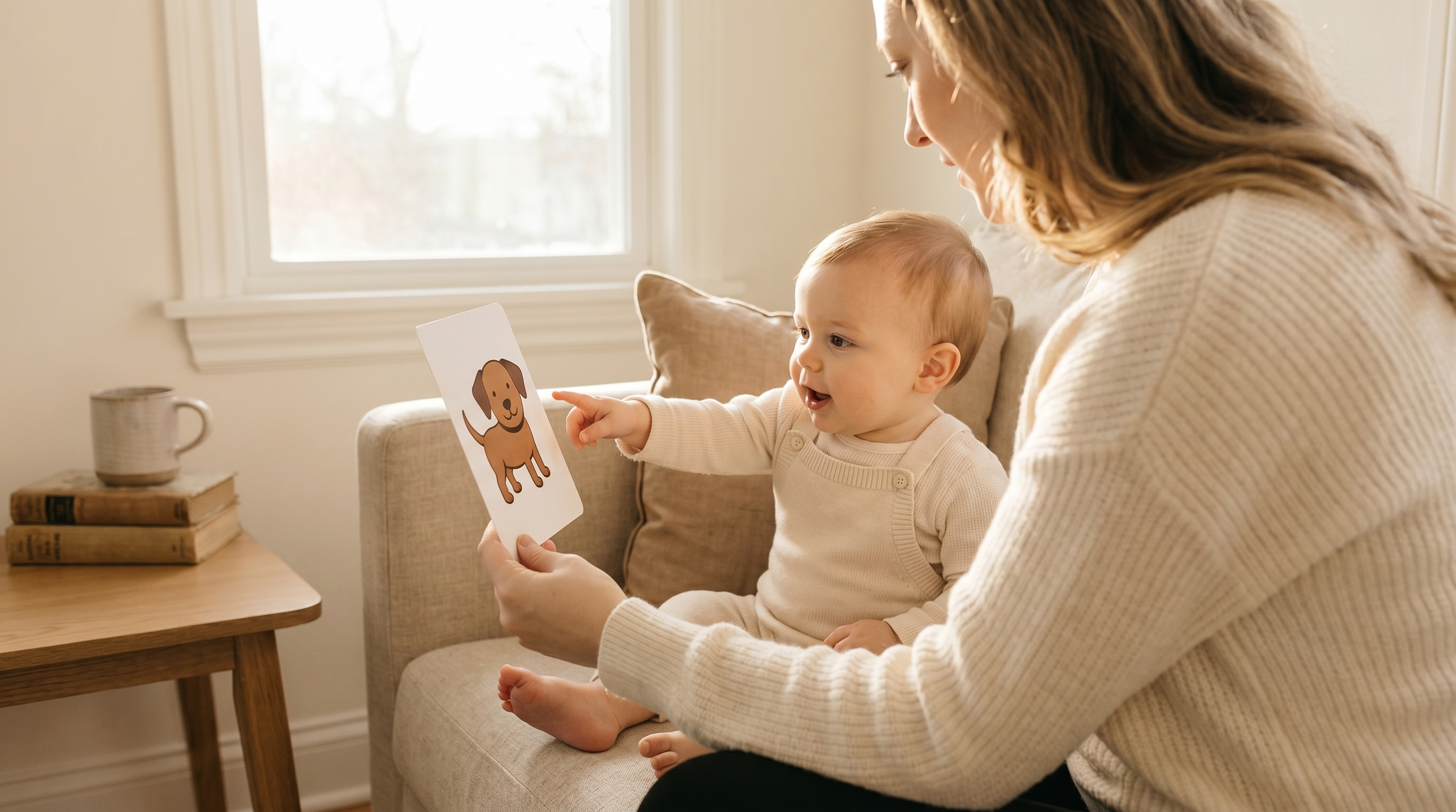 A parent holding an object-illustration card for a 9–12 month old baby who is sitting and pointing