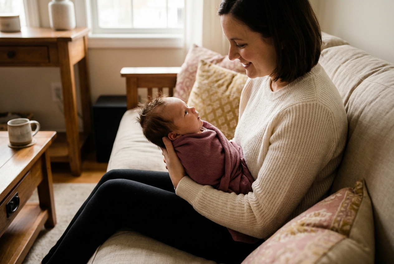 A parent holding a one-month-old, making brief eye contact