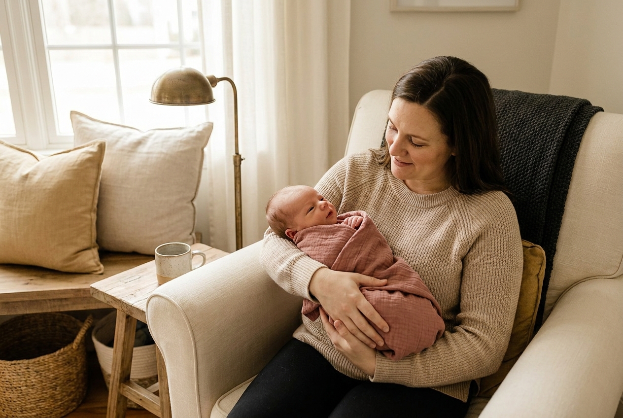 A parent cradling a one-week-old newborn close to their face