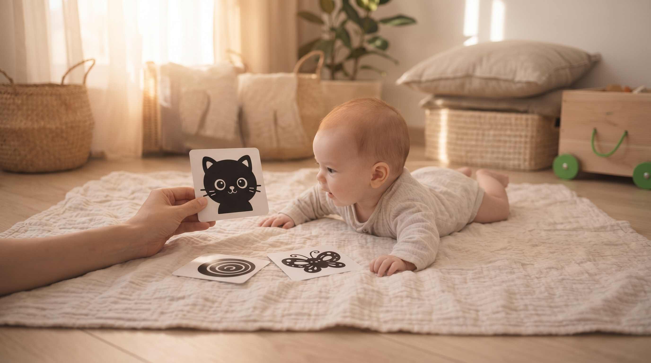 A baby on tummy time reaching toward high-contrast black-and-white cat, spiral and butterfly cards on a soft neutral rug