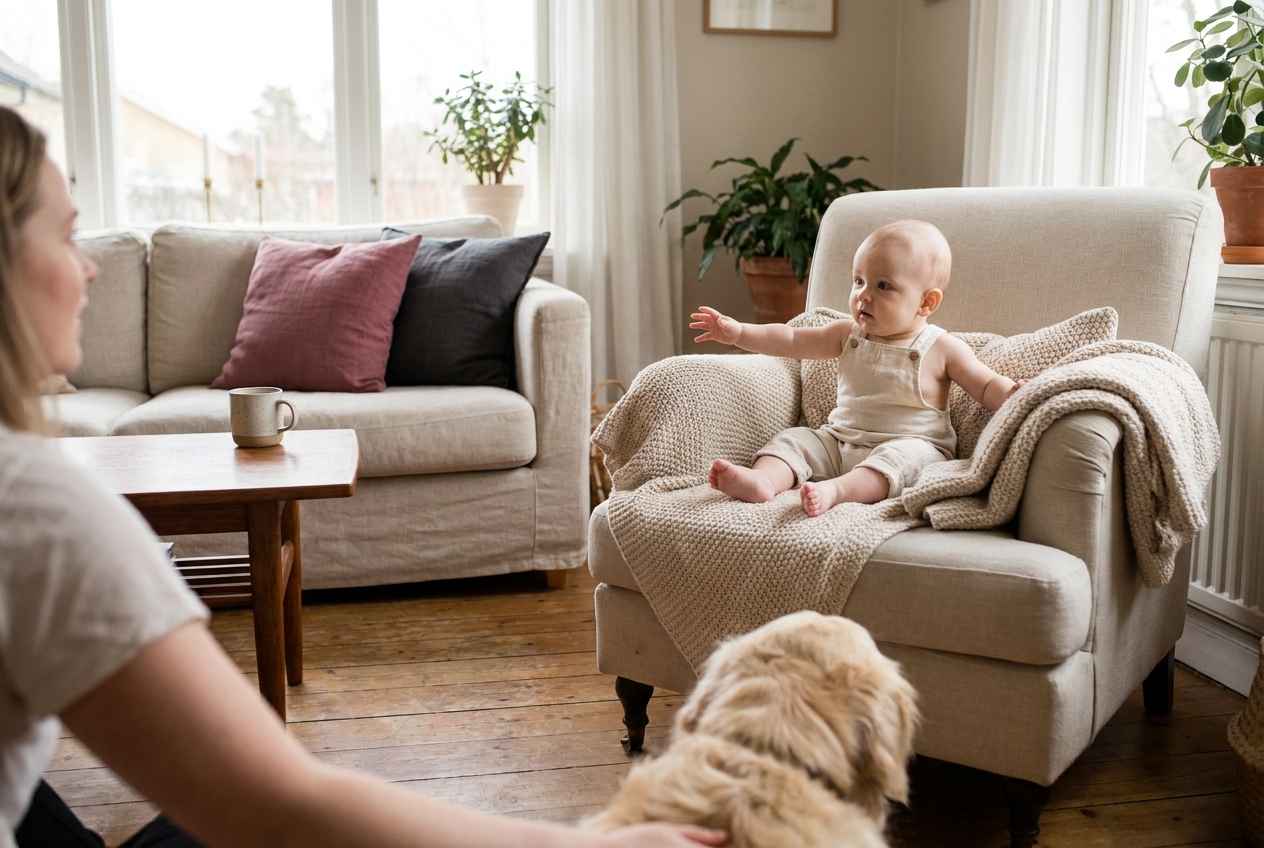 A six-month-old baby sitting on a chair, reaching toward a pet across the room