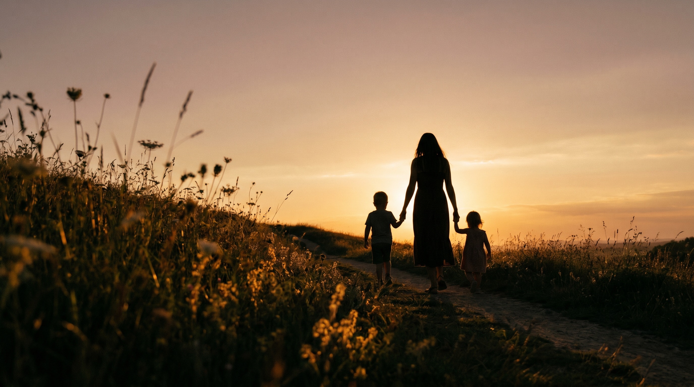 Silhouettes of a mother and two small children walking together through a meadow at golden hour